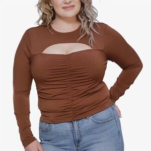 JUST POLLY Trendy Plus Size Ruched Cutout Top side brown long sleeve shirt 3X